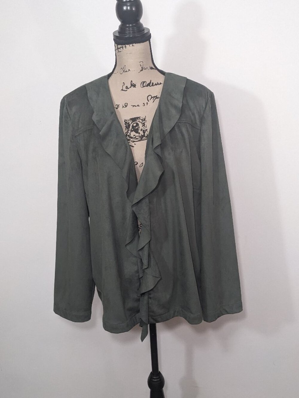 NWT Chico’s Faux Suede Ruffle Front Open Cardigan Mountain Pine Size 3 or XL